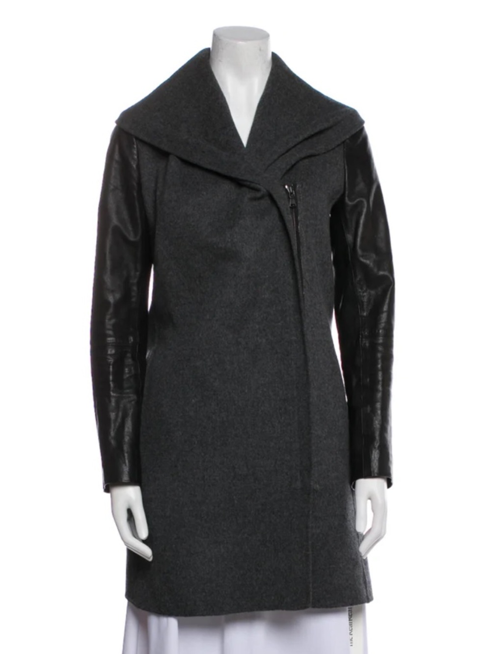 Vince Gray Wool Coat with Black Leather Sleeves